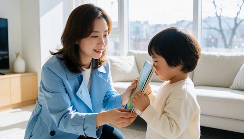 집에서 아이가 책을 눈앞까지 가까이 당겨보는 모습을 살펴보는 보호자