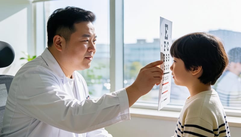 병원에서 시력표를 이용해 근시 여부를 확인하는 검사 장면