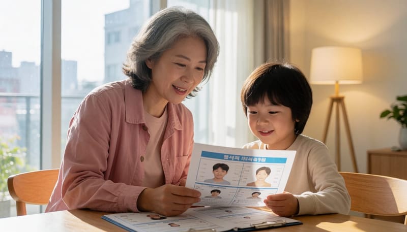 저녁 시간, 아이의 시력검사 결과지를 함께 살펴보는 모습(예시 이미지)