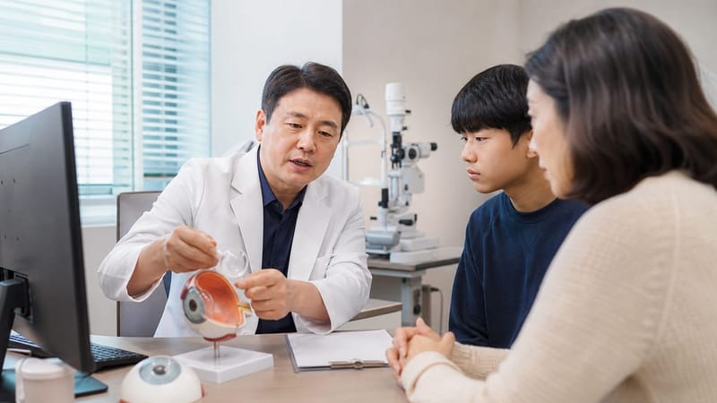 검사 결과를 바탕으로 연령과 진행 속도에 맞는 관리 방법을 설명하는 모습