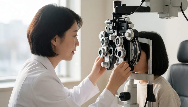 자동굴절검사기와 조절마비 굴절검사로 도수를 확인하는 과정