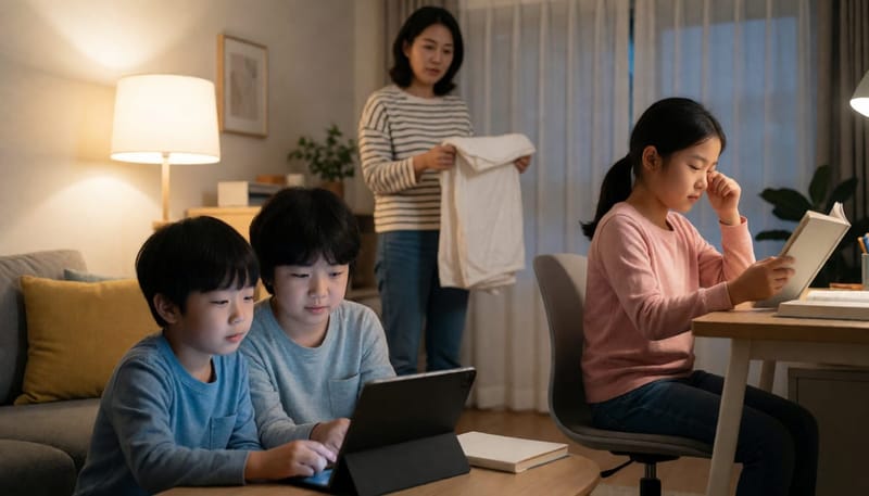 저녁 시간 거실에서 태블릿을 보는 남자아이와 책을 보다 눈을 비비는 누나