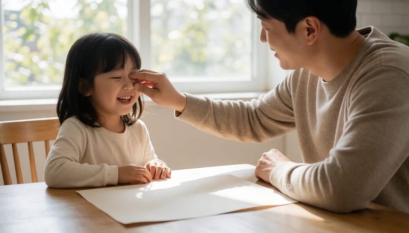 아빠와 딸이 집에서 한쪽 눈씩 가리며 시력을 확인하는 모습