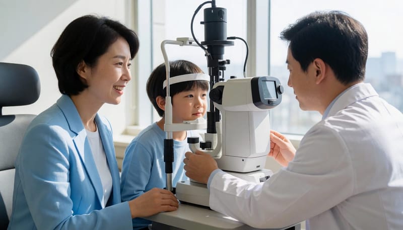굴절검사를 받는 아이와 함께 결과를 지켜보는 보호자