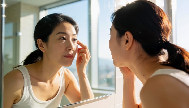거울 앞에서 눈꺼풀 가장자리를 손끝으로 확인하는 여성