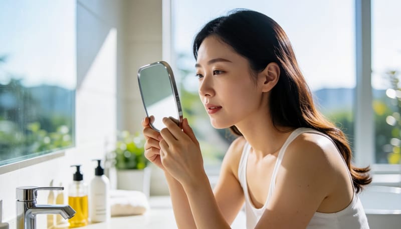 손거울로 눈꺼풀 위아래를 살펴보는 여성