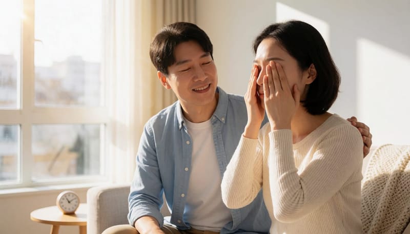 온도와 시간을 지키며 온찜질로 눈을 관리하는 모습