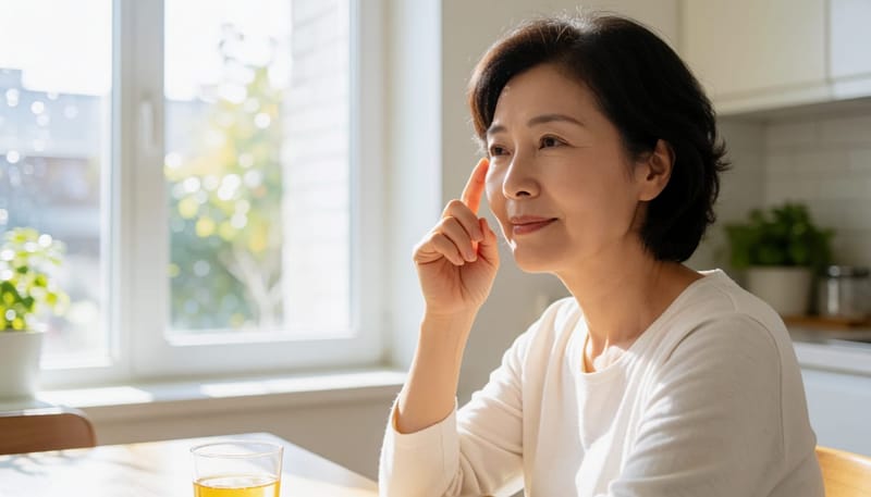 아침에 눈가를 만지며 끈적함을 느끼는 여성의 모습