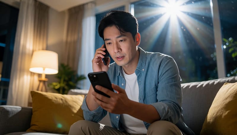 눈이 충혈된 채 진료 예약 전화를 거는 남성의 모습