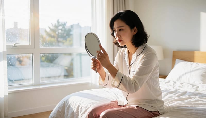 아침 햇살 아래 손거울을 보며 부은 눈두덩이를 확인하는 여성