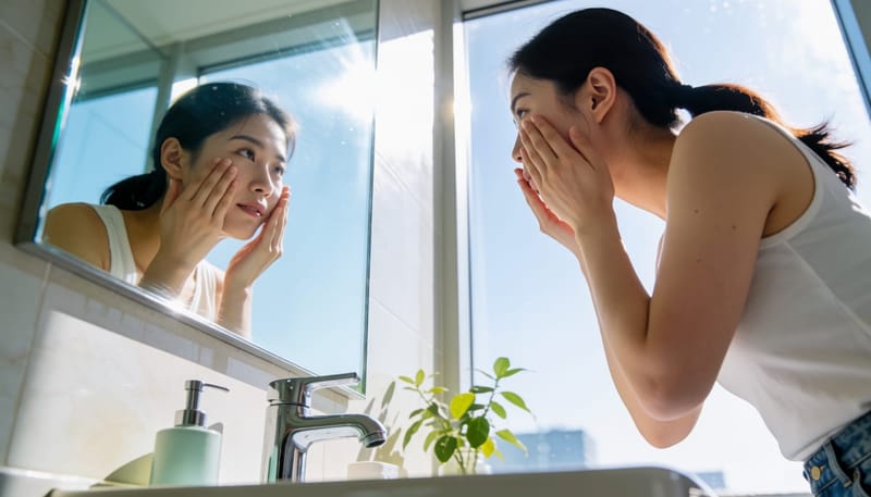 세안 전 거울 앞에서 눈두덩이 부기를 손으로 확인하는 여성