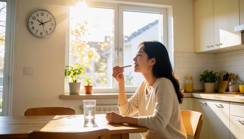 기상 후 차가운 숟가락으로 눈두덩이 부기를 가라앉히는 여성과 시계