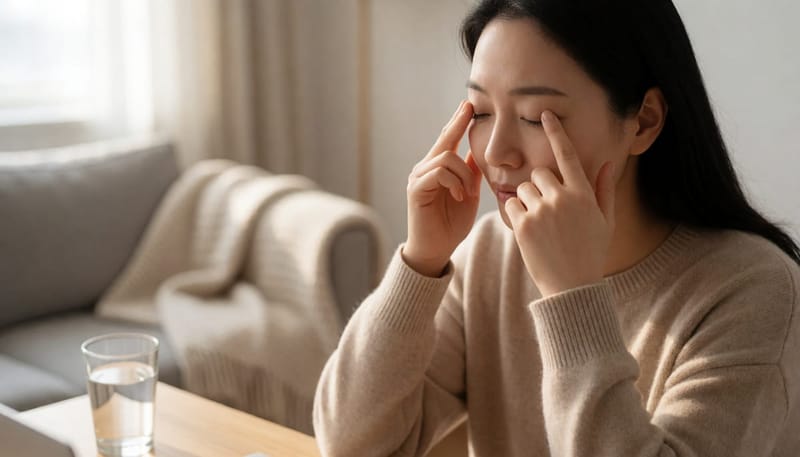 아침 햇살 속 책상에 앉아 손끝으로 떨리는 눈꺼풀을 지그시 누르는 여성