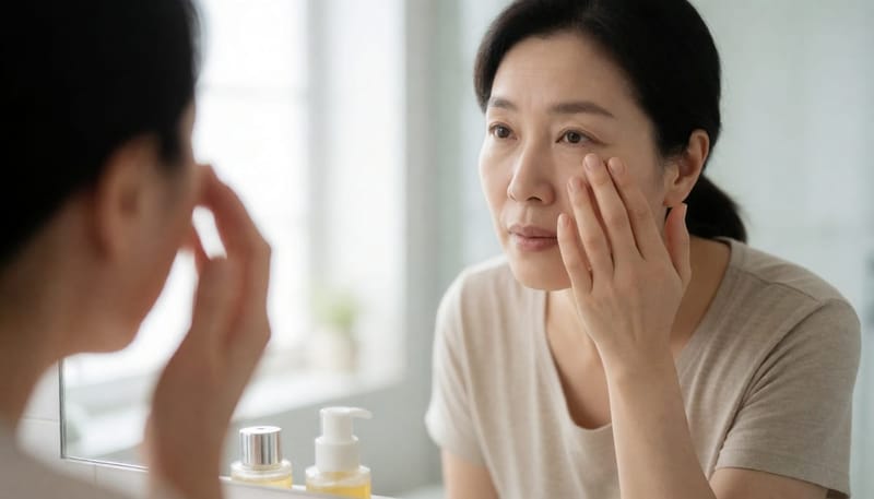 욕실 거울 앞에서 손가락으로 눈 밑을 당겨보며 눈꺼풀 상태를 살피는 여성