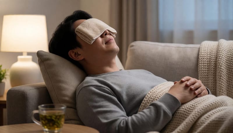 저녁 시간 소파에 기대어 따뜻한 수건을 눈에 올리고 쉬는 남성
