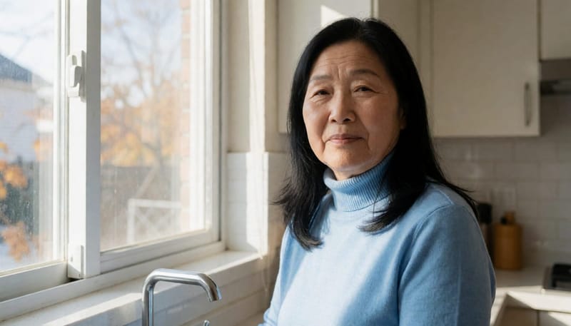 환절기 아침, 눈꺼풀이 떨려 손가락으로 지그시 누르는 여성