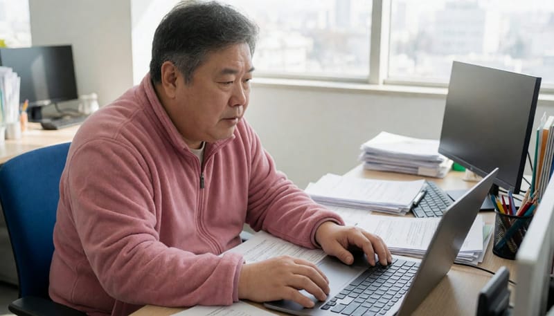 업무 중 집중력이 떨어지고 피곤함을 느끼며 눈꺼풀을 누르는 남성