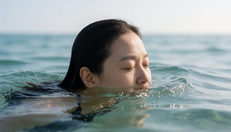 바닷물에서 눈 감고 헤엄치는 여성