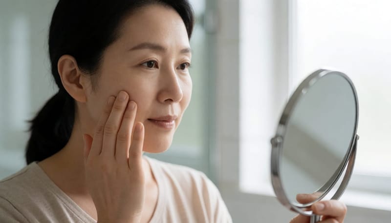 거울을 보며 부은 얼굴을 손으로 만져보는 여성
