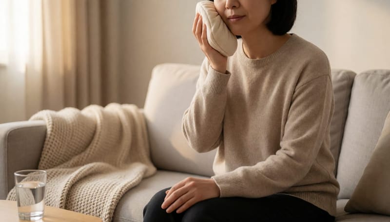 소파에 앉아 얼굴에 냉찜질 팩을 대고 있는 여성