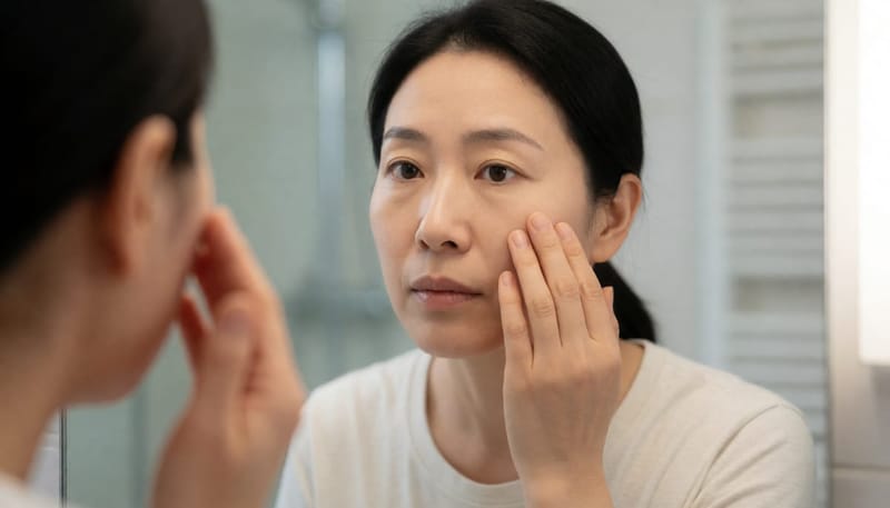 거울 속 얼굴의 좌우 비대칭을 심각하게 살펴보는 여성