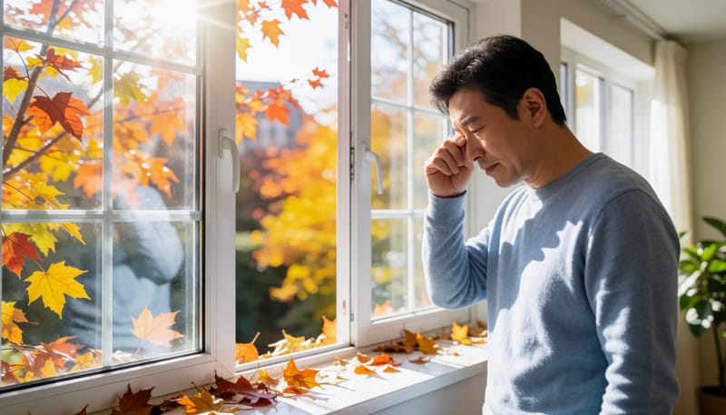 가을바람과 낙엽이 보이는 창가에서 눈을 비비는 남성