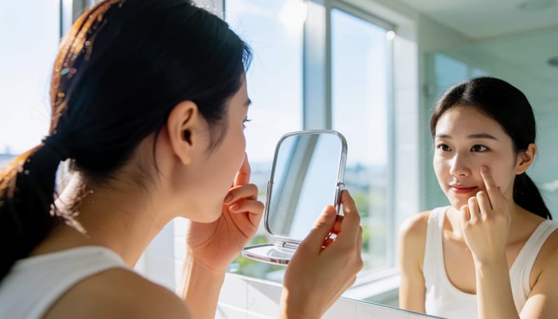 거울로 부은 눈꺼풀 상태를 확인하는 여성