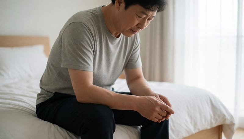 정강이를 눌러 부종을 확인하는 남성