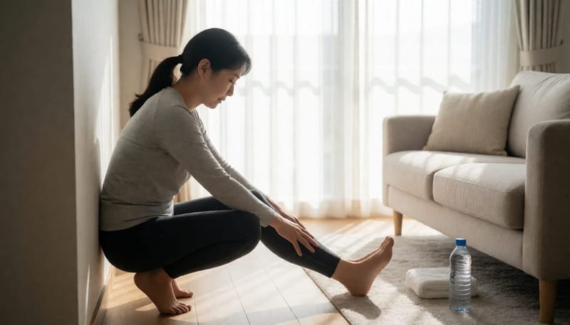 종아리 스트레칭으로 생활 관리를 실천하는 여성