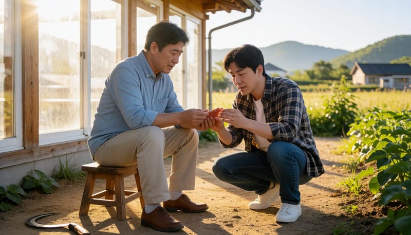 농기구에 손을 베인 아버지를 아들이 살펴보는 모습