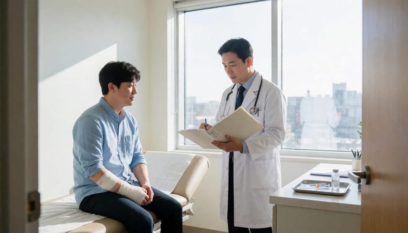 의사가 접종 기록을 확인하며 파상풍 주사 필요성을 판단하는 모습