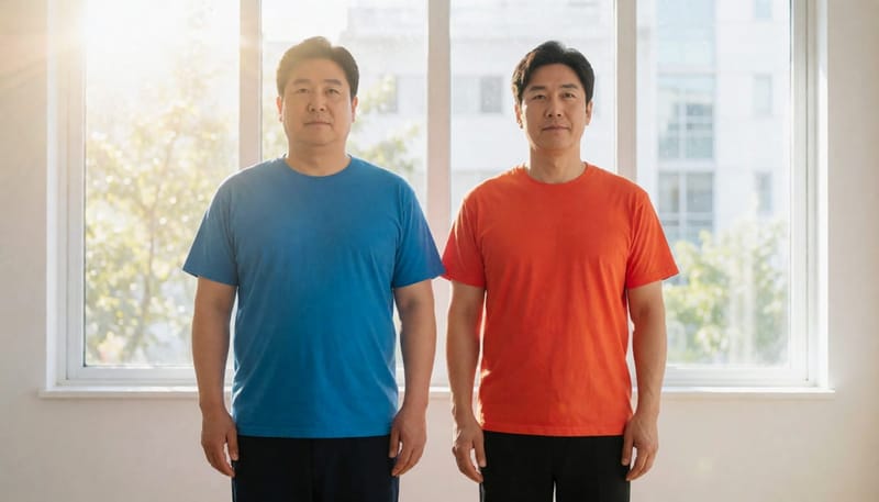 체형이 다른 두 명의 40대 남성이 나란히 서 있는 모습