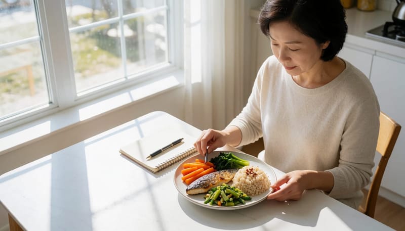 집에서 균형 잡힌 식단을 차리는 40대 여성의 모습