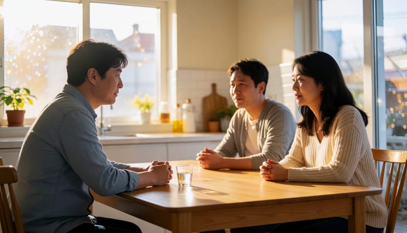 밤늦게 식탁에 홀로 앉아 소주 한 잔을 앞에 두고 피곤한 표정을 짓는 중년 남성
