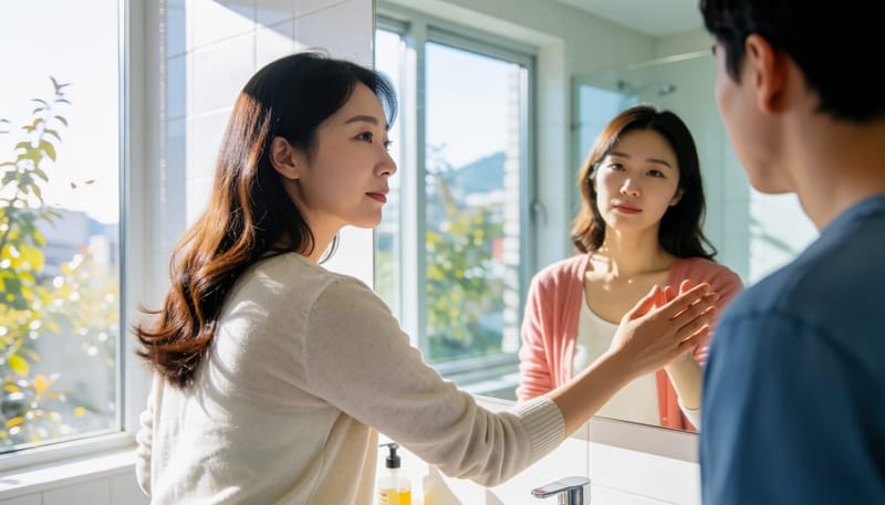 거울 앞에서 납작한 배를 손으로 눌러보며 생각에 잠긴 마른 체형의 여성