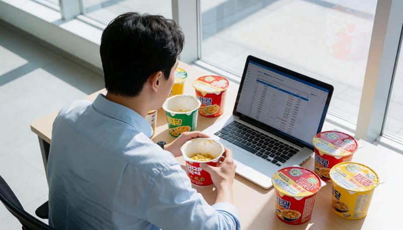 인스턴트 음식 용기가 쌓인 책상에서 웅크린 자세로 일하는 직장인 남성