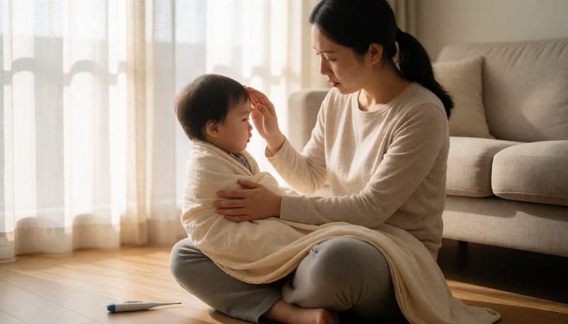 거실에서 아이 이마를 짚어보며 열을 확인하는 엄마
