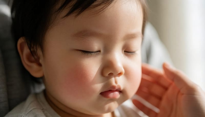 고열로 붉게 상기된 아이 얼굴 클로즈업