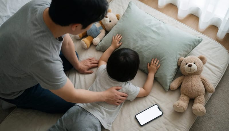 아이 주변 위험 물건을 치우는 아빠의 위에서 내려다본 모습