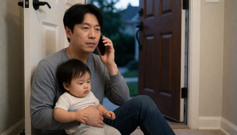 아이를 안고 전화하며 응급 대응 여부를 판단하는 아빠