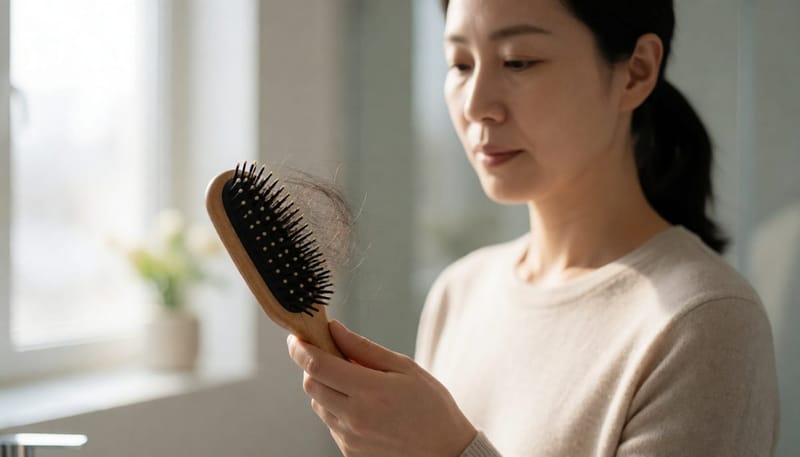 헤어브러시에 남은 머리카락을 살펴보는 여성