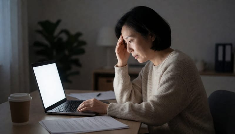 늦은 밤 스트레스로 지친 표정의 여성