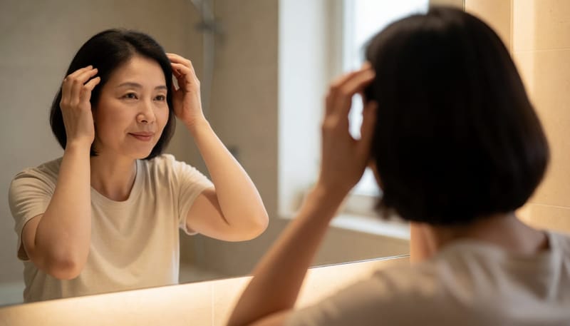 거울 앞에서 두피를 마사지하는 여성