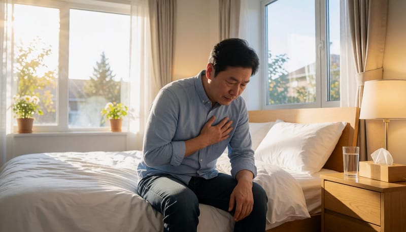 기침과 함께 가슴을 부여잡고 힘겨워하는 남성의 모습