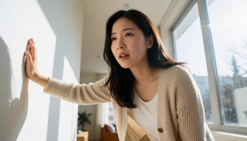숨쉬기 힘들어하며 벽을 짚고 서 있는 여성의 모습