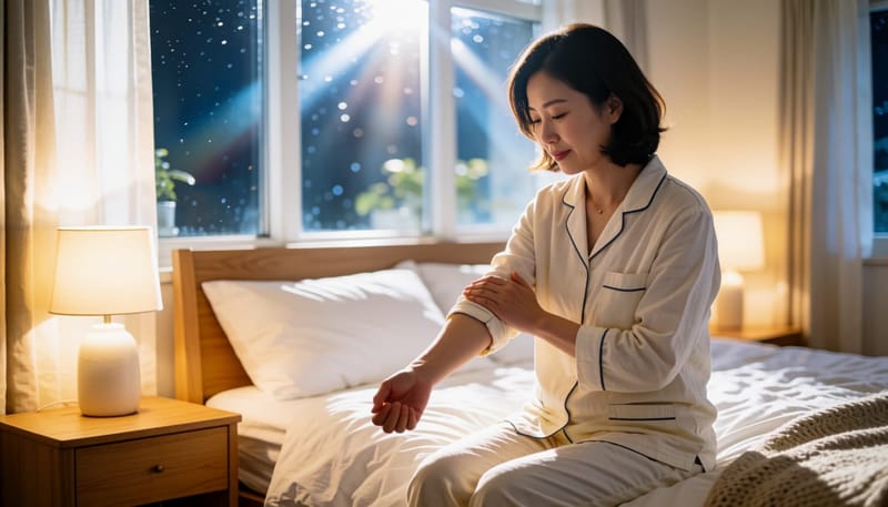 밤에 침대에 앉아 온찜질로 통증 부위를 관리하는 여성