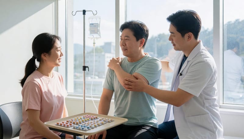 물리치료, 약물, 정맥주사 도구가 함께 보이는 진료실 장면