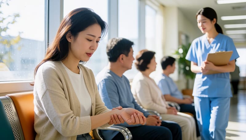 통증이 심해져 병원 대기실에서 진료를 기다리는 여성