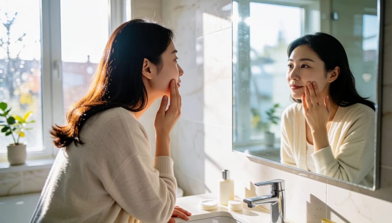 거울 앞에서 볼 필러 자국을 손끝으로 살펴보는 여성
