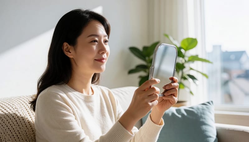 집에서 손거울로 각도를 바꿔가며 필러 부위를 확인하는 모습